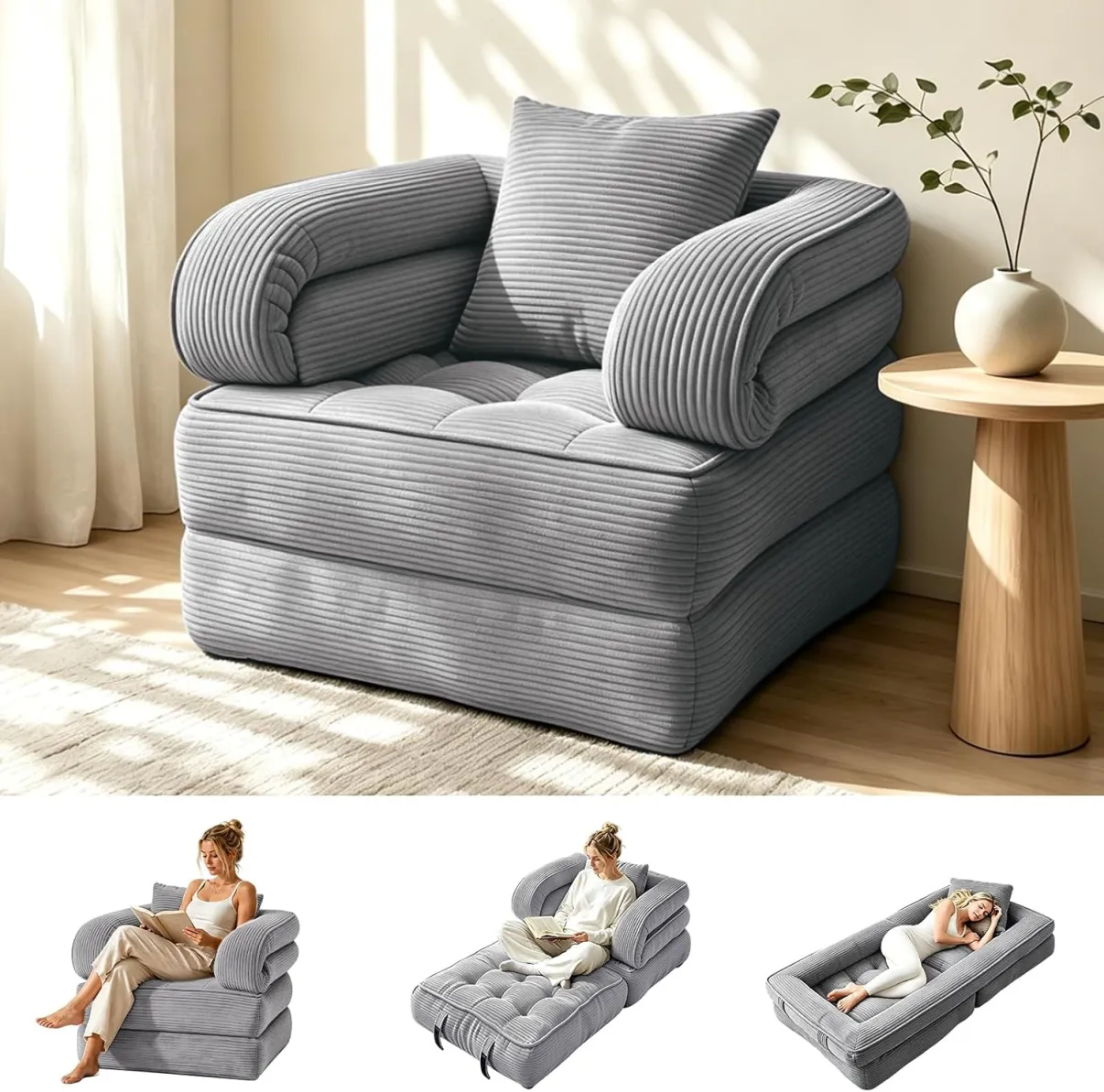 Sofá cama plegable, sillón convertible con reposabrazos para adultos, cama plegable de pana sin huesos, sofá futón portátil 3 en 1 con almohada para dormitorio, sala de estar, verde oscuro