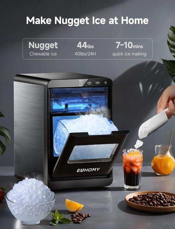 Máquina de hielo en pepitas EUHOMY para encimera, 35 lb/24H y 44 lb/24H, máquina de hielo en guijarros, máquina de hielo en pellets autolimpiante con pala y cesta para hielo, máquina de hielo sónica para encimera para el hogar/cocina/oficina (negra)