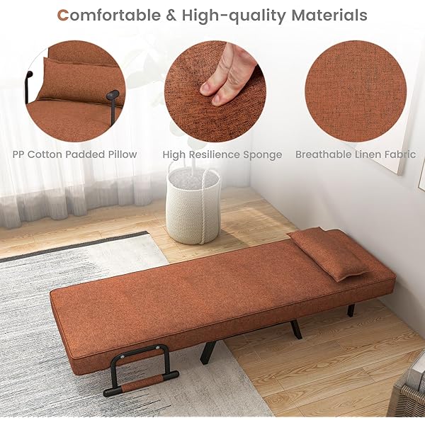 Silla convertible, 4 en 1, silla de lectura para sala de estar con almohada, brazo y respaldo ajustable de 5 posiciones, sofá cama individual, color café Marrón