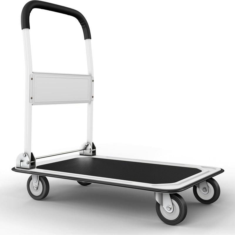 Carro de transporte plegable de alta resistencia, plataforma plana con capacidad de 150-300 kg y asa giratoria que ahorra espacio.