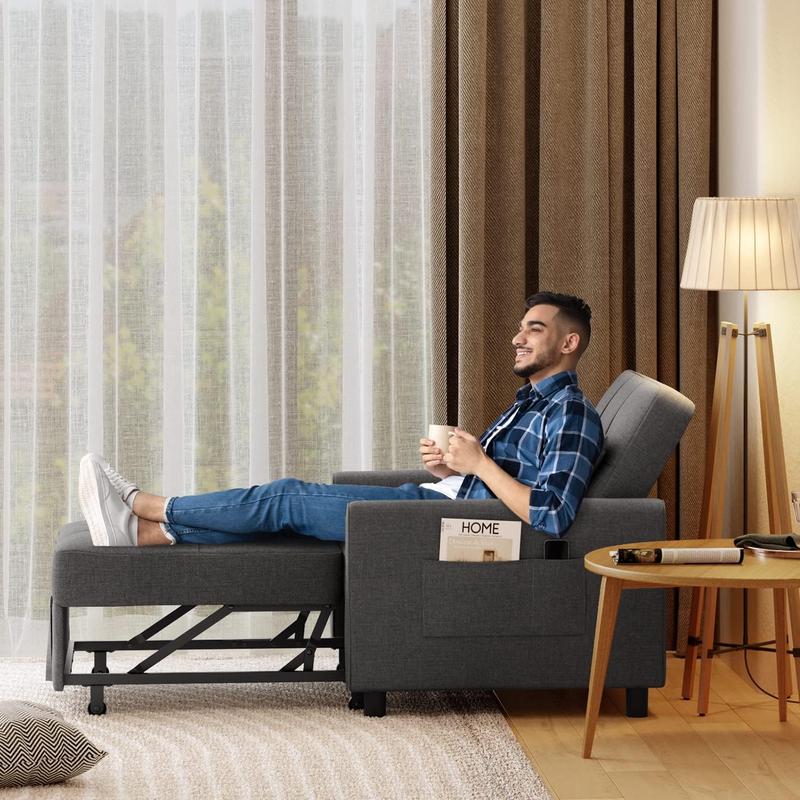 GIZOON Sillón cama convertible 3 en 1, gris oscuro | Sillón, sillón reclinable y cama en uno. Tela de lino con estructura resistente, ideal para apartamentos y espacios pequeños.