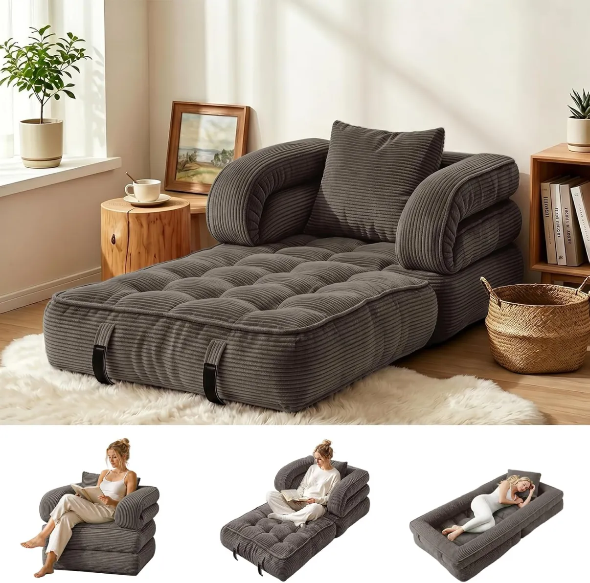 Sofá cama plegable, sillón convertible con reposabrazos para adultos, cama plegable de pana sin huesos, sofá futón portátil 3 en 1 con almohada para dormitorio, sala de estar, verde oscuro