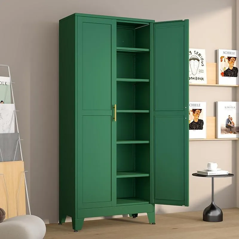 Armario despensa metálico con 2 puertas y 5 estantes ajustables, 190 cm (75"), armarios de almacenamiento de cocina con tiradores dorados, almacenamiento versátil para lavadero, sala de estar, baño, comedor, cuarto de servicio, organizador de muebles para