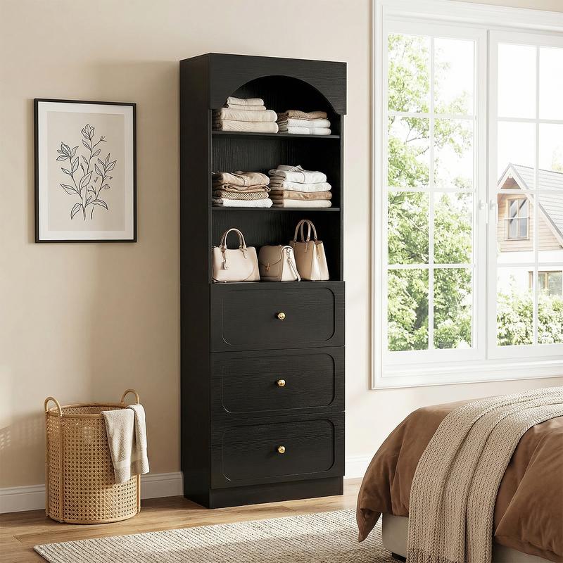 Cyclysio - Organizador de armario alto de madera independiente de 60 cm de ancho, resistente, con 3 compartimentos de almacenamiento y estantes ajustables para armarios y habitaciones pequeñas.
