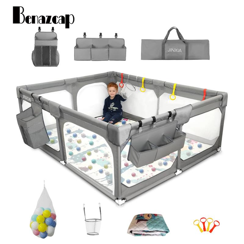 Parque infantil extragrande Benazcap con alfombra, libre de BPA, diseño seguro sin huecos para diversión en interiores y exteriores, regalo para futuras mamás, parque infantil gris con valla resistente.