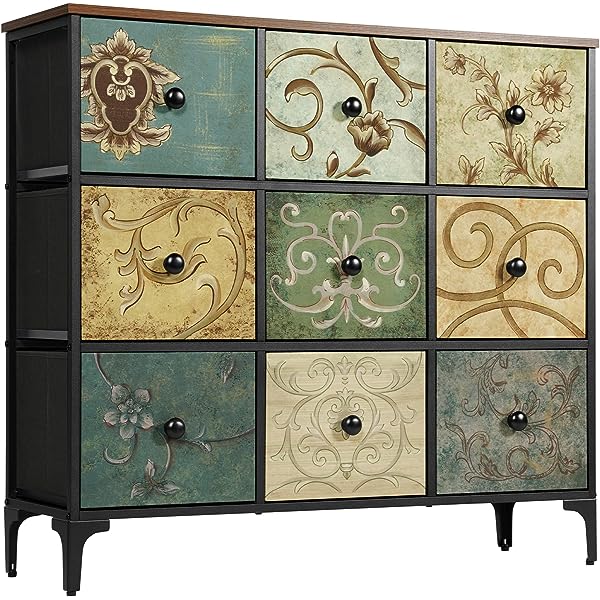 Cómoda con 9 cajones, cómoda de almacenamiento alta para recámara, cómoda moderna para clóset, sala de estar, pasillo, parte superior de madera, cajón de tela