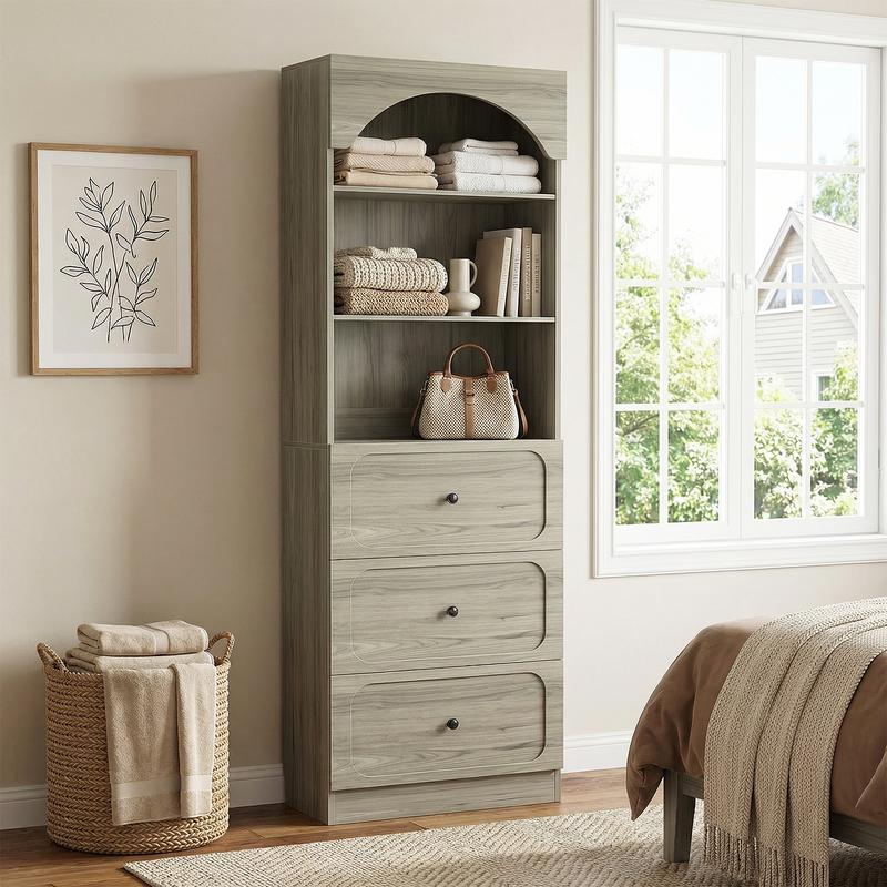 Cyclysio - Organizador de armario alto de madera independiente de 60 cm de ancho, resistente, con 3 compartimentos de almacenamiento y estantes ajustables para armarios y habitaciones pequeñas.