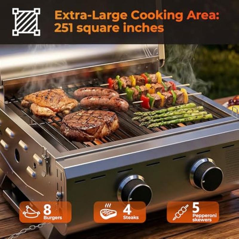 Parrilla de gas de mesa de 16,000 BTU, parrilla de propano portátil de 2 quemadores con patas plegables, área de cocción extragrande de 251 pulgadas cuadradas, parrilla de barbacoa de acero inoxidable de 20 pulgadas para patio trasero, RV, camping, fiesta