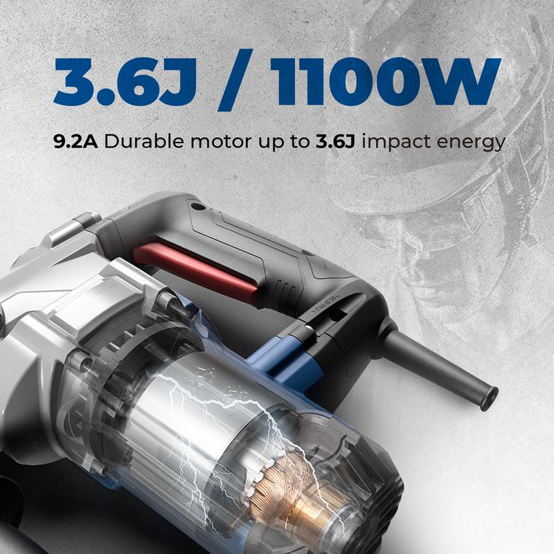 【Garantía de 5 años】Taladro percutor rotativo SDS-Plus DongCheng de 1-1/8 pulgadas con embrague de seguridad, martillo demoledor con cable de alta resistencia de 9.2 amperios para concreto, 3.6 julios, incluye 3 brocas, cinceles planos y cinceles de punta