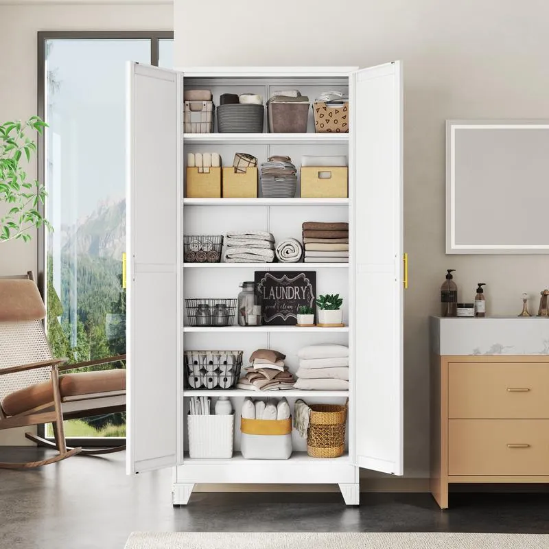 Armario despensa metálico con 2 puertas y 5 estantes ajustables, 190 cm (75"), armarios de almacenamiento de cocina con tiradores dorados, almacenamiento versátil para lavadero, sala de estar, baño, comedor, cuarto de servicio, organizador de muebles para
