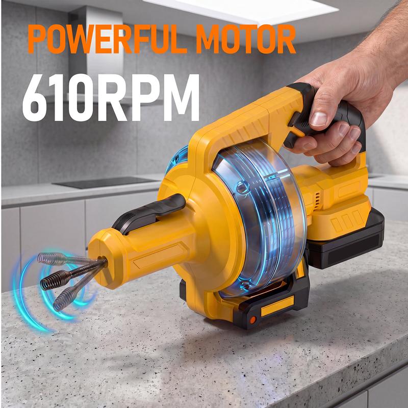 Desatascador inalámbrico FunnyWhale compatible con batería Dewalt de 20 V (batería no incluida). Serpiente desatascadora de alimentación automática con cable de 7 metros. Herramienta para desatascar desagües de fregaderos, inodoros, bañeras y alcantarilla