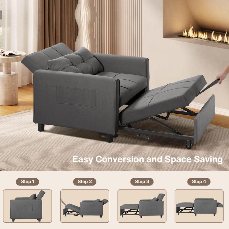 GIZOON Sillón cama convertible 3 en 1, gris oscuro | Sillón, sillón reclinable y cama en uno. Tela de lino con estructura resistente, ideal para apartamentos y espacios pequeños.