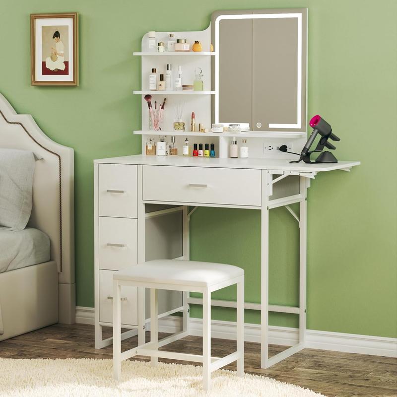Tocador de maquillaje con espejo y luces, tocador pequeño con cajón de almacenamiento de tela, silla y estantes, tocador blanco con panel plegable y toma de corriente para dormitorio.