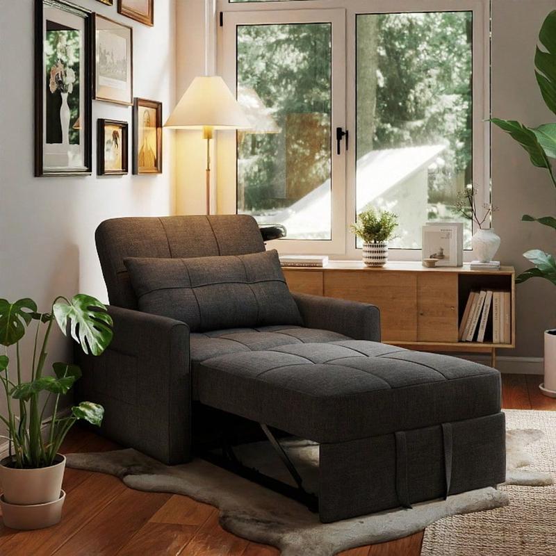 GIZOON Sillón cama convertible 3 en 1, gris oscuro | Sillón, sillón reclinable y cama en uno. Tela de lino con estructura resistente, ideal para apartamentos y espacios pequeños.