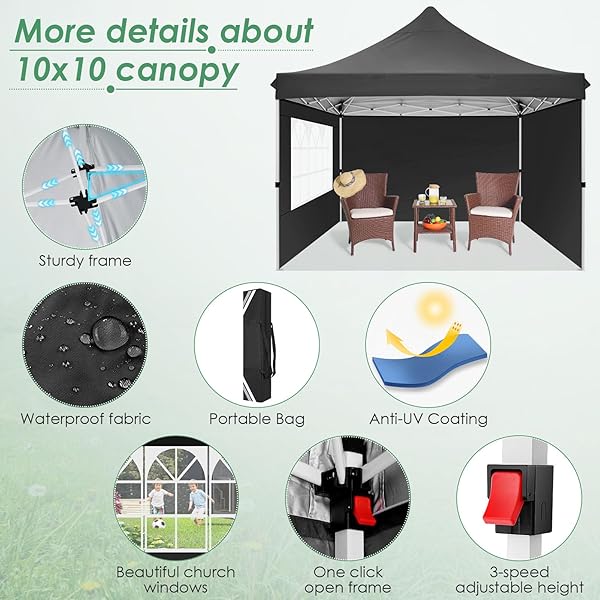 Tooluck - Tienda de campaña desplegable con Paredes Laterales, toldo Comercial Impermeable Ez para Exteriores, protección UV, 50+ Refugio para Eventos, Tiendas de campaña de jardín para Fiestas con Negro - 10x10 with 3 sides