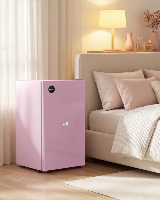 Mini refrigerador compacto Upstreman de 3.2 pies cúbicos, certificado Energy Star, color rosa rubor, de acero inoxidable. Ahorro de energía, refrigerante R-600a, 60 Hz, termostato, puerta reversible, 3 estantes de vidrio, base con almohadilla. Ideal para