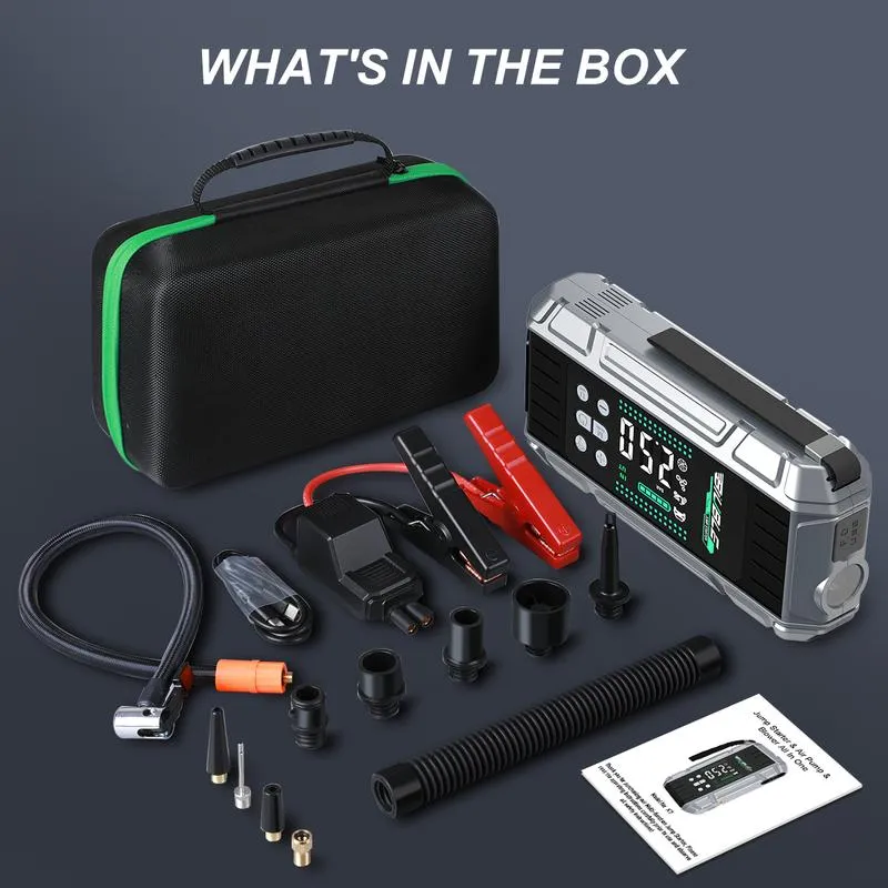 Arrancador portátil para coche 10000A con compresor de aire, soplador, batería externa PD de carga rápida de 65 W para portátil, inflador de neumáticos de 150 PSI, kit de arranque de batería para coche.