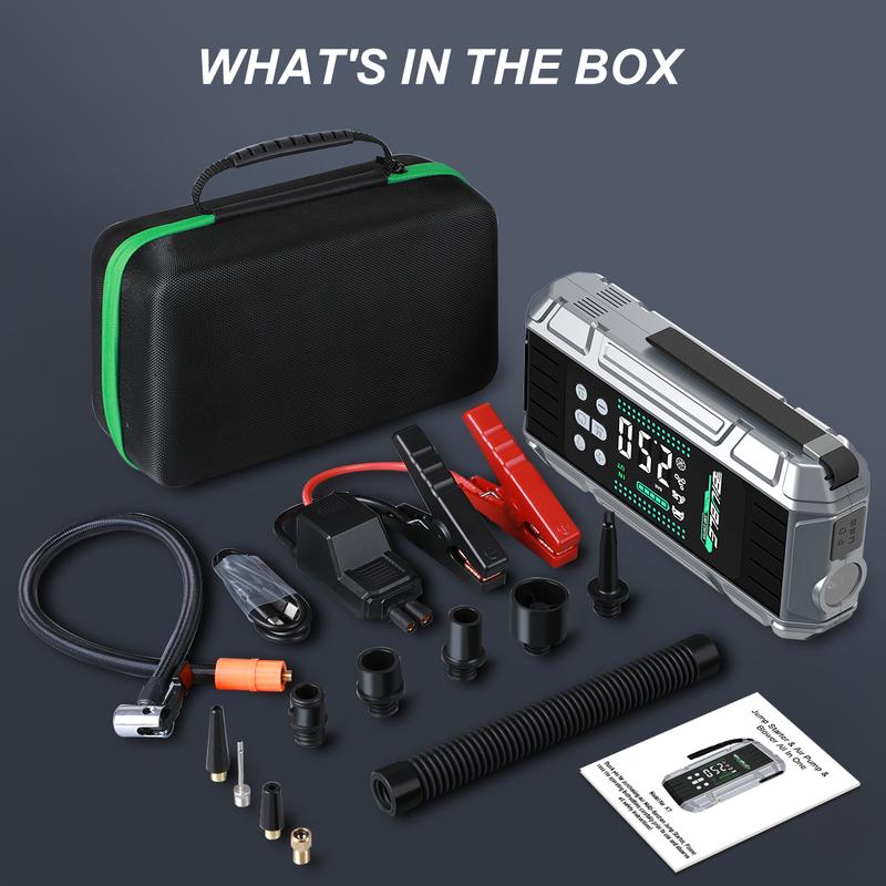 Arrancador portátil para coche 10000A con compresor de aire, soplador, batería externa PD de carga rápida de 65 W para portátil, inflador de neumáticos de 150 PSI, kit de arranque de batería para coche.