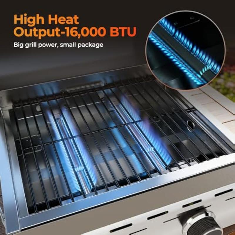 Parrilla de gas de mesa de 16,000 BTU, parrilla de propano portátil de 2 quemadores con patas plegables, área de cocción extragrande de 251 pulgadas cuadradas, parrilla de barbacoa de acero inoxidable de 20 pulgadas para patio trasero, RV, camping, fiesta
