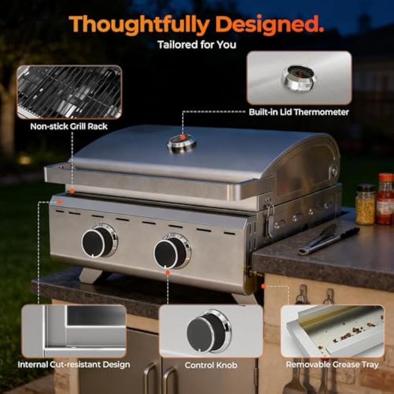 Parrilla de gas de mesa de 16,000 BTU, parrilla de propano portátil de 2 quemadores con patas plegables, área de cocción extragrande de 251 pulgadas cuadradas, parrilla de barbacoa de acero inoxidable de 20 pulgadas para patio trasero, RV, camping, fiesta