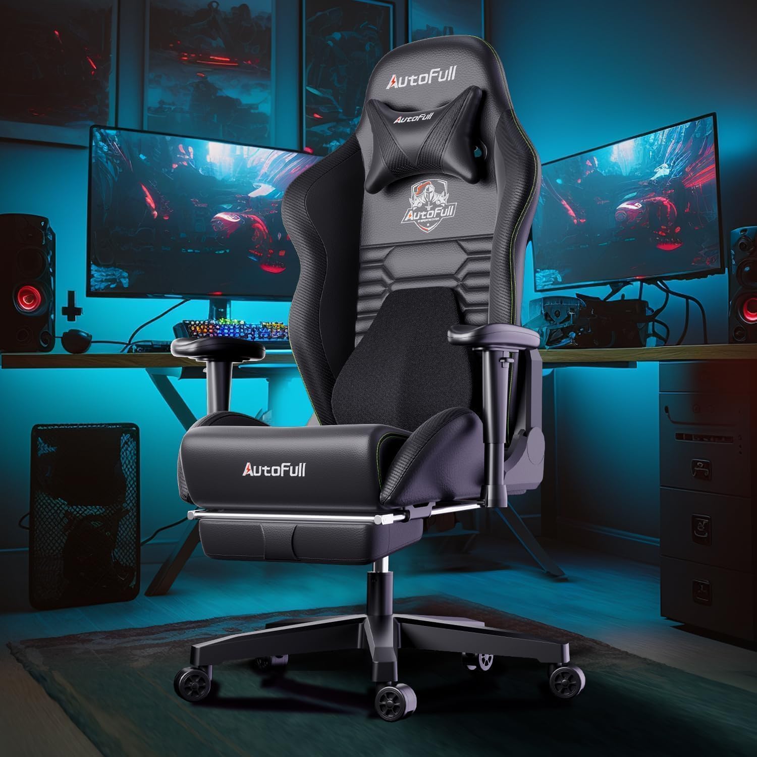 AutoFull Silla Gaming Silla Gamer Ergonómica Silla de Oficina Cuero de PU Silla de Escritorio,Altura e inclinación Ajustables,Reposacabezas y Soporte Lumbar,Reposapiés, (Gris)