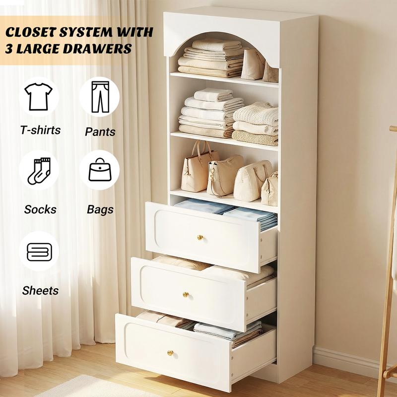 Cyclysio - Organizador de armario alto de madera independiente de 60 cm de ancho, resistente, con 3 compartimentos de almacenamiento y estantes ajustables para armarios y habitaciones pequeñas.