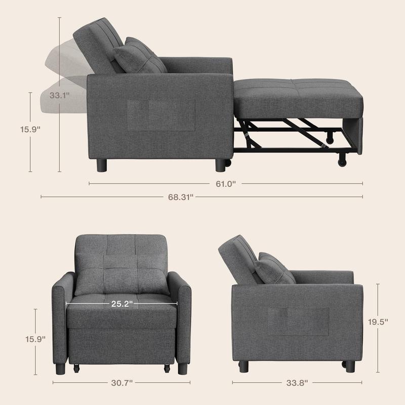 GIZOON Sillón cama convertible 3 en 1, gris oscuro | Sillón, sillón reclinable y cama en uno. Tela de lino con estructura resistente, ideal para apartamentos y espacios pequeños.
