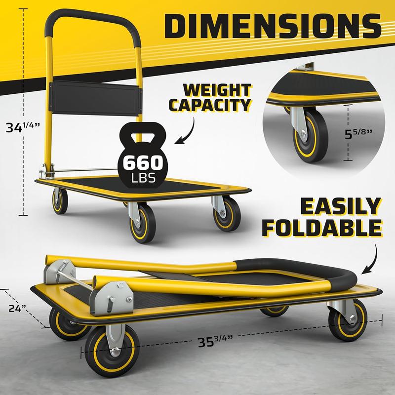 Carro de transporte plegable de alta resistencia, plataforma plana con capacidad de 150-300 kg y asa giratoria que ahorra espacio.
