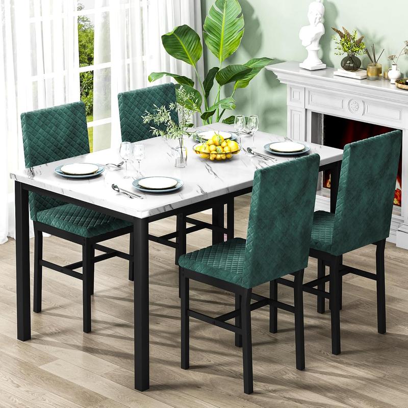 Juego de 4 mesas de comedor de imitación mármol - Mesa de 120 x 70 cm, 4 sillas ergonómicas modernas tapizadas en terciopelo de 91 cm de altura, muebles de comedor para interiores (Summer Vibes) Outdoorfun
