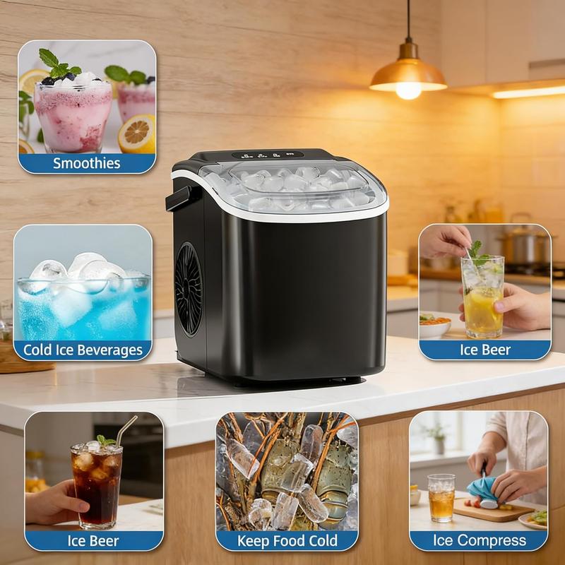 Máquina de hielo portátil de sobremesa XBeauty con autolimpieza, capacidad de 12 kg (26.5 lbs), 24 horas de funcionamiento, 8 cubitos en 6 minutos, cesta para hielo, pala. Ideal para el hogar, la cocina, el bar y para acampar.