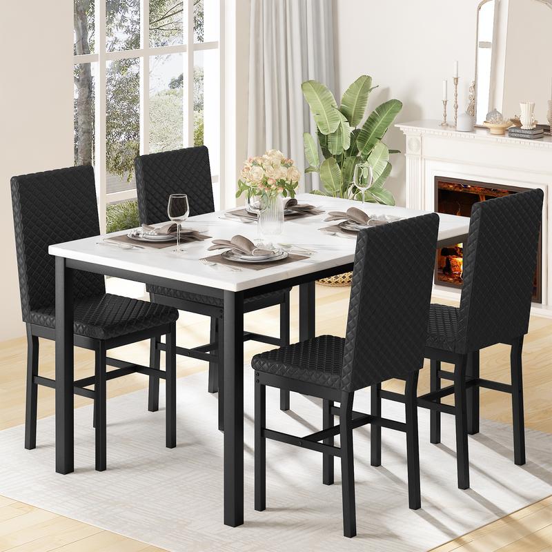Juego de 4 mesas de comedor de imitación mármol - Mesa de 120 x 70 cm, 4 sillas ergonómicas modernas tapizadas en terciopelo de 91 cm de altura, muebles de comedor para interiores (Summer Vibes) Outdoorfun