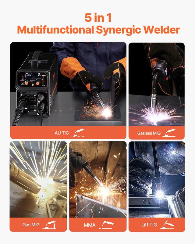 Soldadora MIG VEVOR Pro de 250 amperios, máquina de soldadura MIG Plus, máquina de soldadura sinérgica 5 en 1, MIG a gas/MIG con núcleo fundente/electrodo revestido/TIG por contacto/TIG AU, soldadora MIG de aluminio de doble voltaje 110 V/220 V con pantal