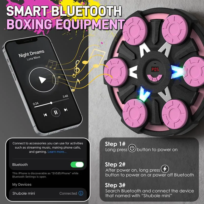 Máquina de boxeo musical inteligente de pared para niños (6+) y adultos, juego Bluetooth de 9 velocidades, iluminación, almohadilla de boxeo, guantes, equipo de protección mejorado 2026, equipo de boxeo deportivo y para exteriores.