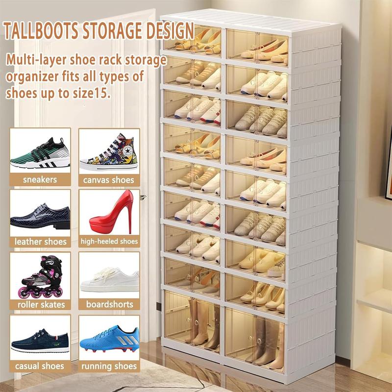 2*(8+1 layers) foldable shoe rack, storage box, transparent closet, management and space saving, home storage, suitable for compact space, home space, shoes, plastic, Multilayer Display Collapsible Design Organiser Light