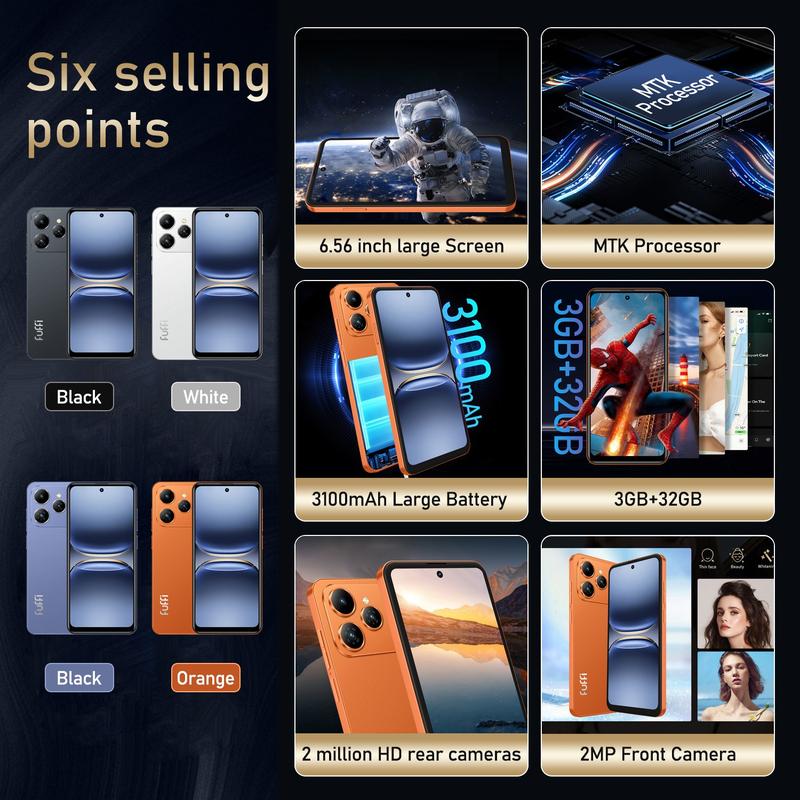 Smartphone FUFFi-M17 PRO, pantalla HD de 6,56 pulgadas, 3 GB de RAM + 32 GB de ROM, batería de 3100 mAh, cámara de 2+2 MP, doble SIM, memoria ampliable, Android 10.0, red 4G, GPS.