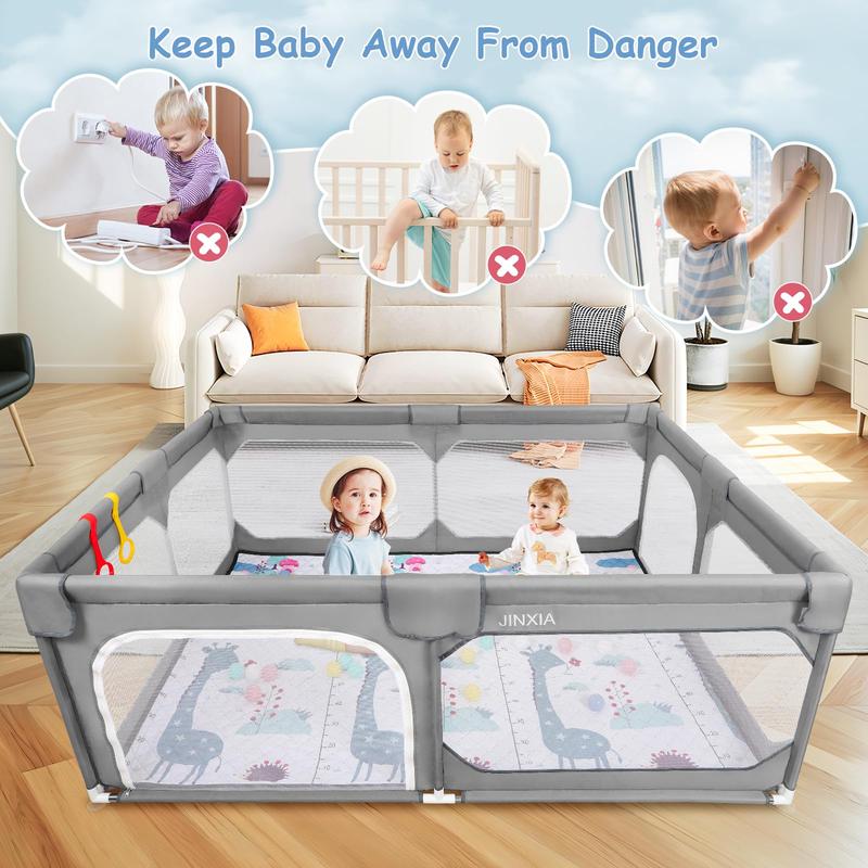 Parque infantil extragrande Benazcap con alfombra, libre de BPA, diseño seguro sin huecos para diversión en interiores y exteriores, regalo para futuras mamás, parque infantil gris con valla resistente.