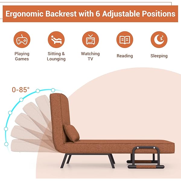 Silla convertible, 4 en 1, silla de lectura para sala de estar con almohada, brazo y respaldo ajustable de 5 posiciones, sofá cama individual, color café Marrón