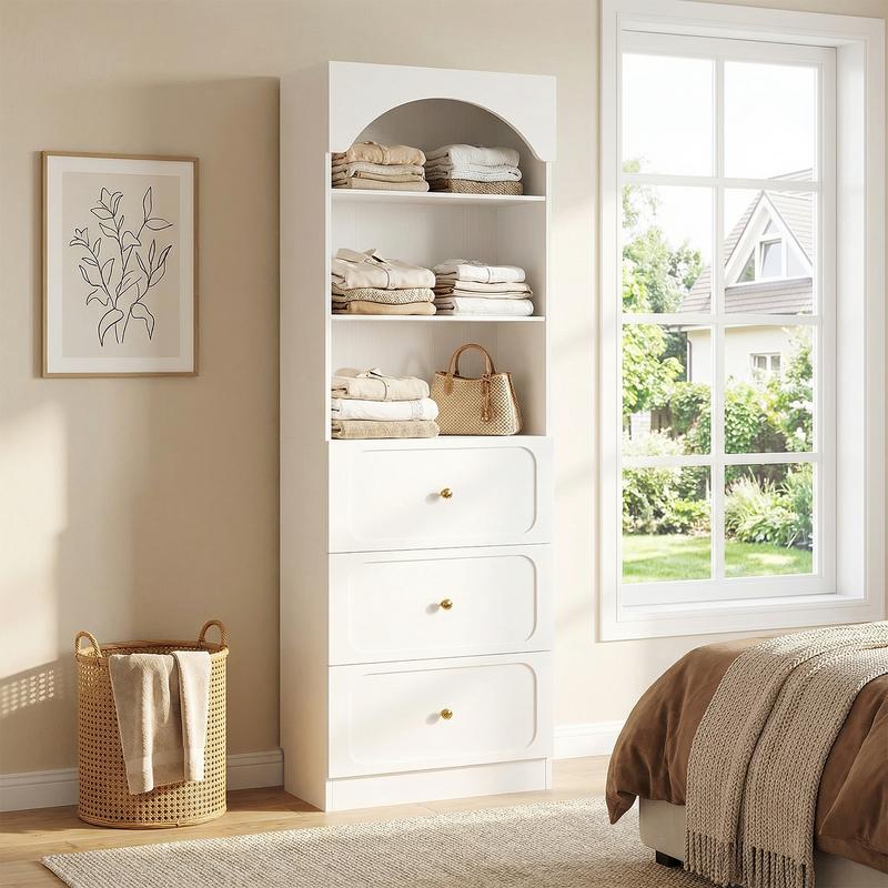 Cyclysio - Organizador de armario alto de madera independiente de 60 cm de ancho, resistente, con 3 compartimentos de almacenamiento y estantes ajustables para armarios y habitaciones pequeñas.