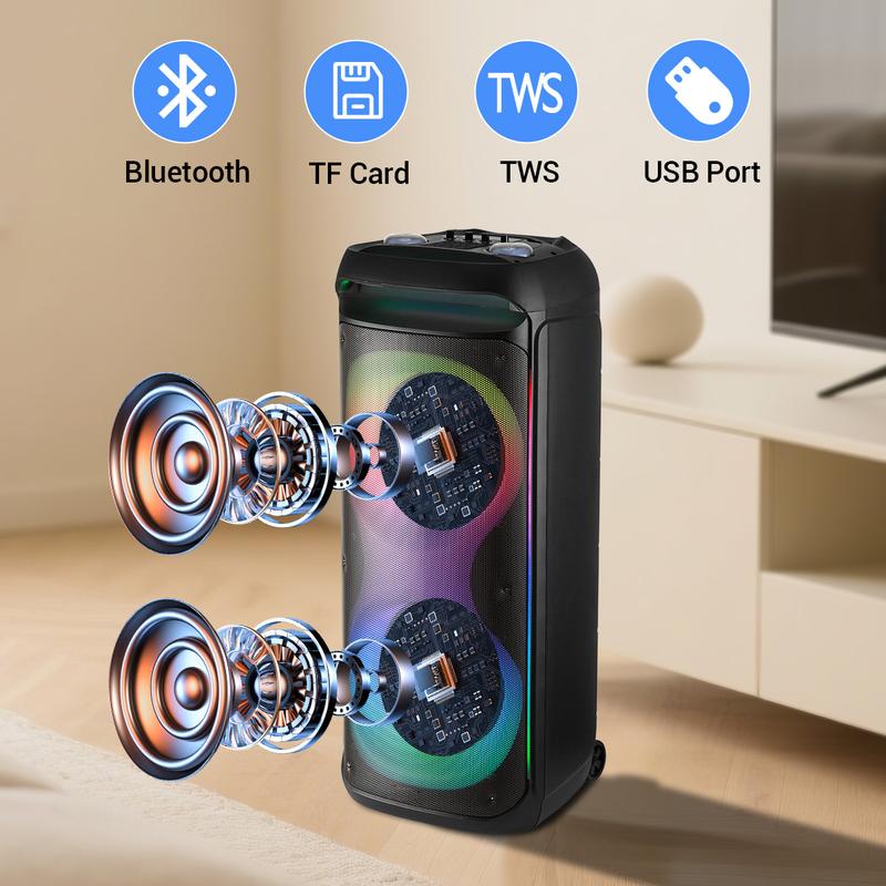 Altavoz Bluetooth PA recargable con doble woofer de 12" + tweeter de 1.5", caja de sonido inalámbrica portátil con dos micrófonos, control remoto y luz LED para fiestas.
