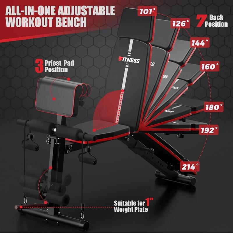 Banco de pesas ajustable con extensión de piernas y almohadilla para predicador - Banco de entrenamiento plegable para gimnasio en casa, banco para hacer ejercicio con inclinación, declinación y abdominales.