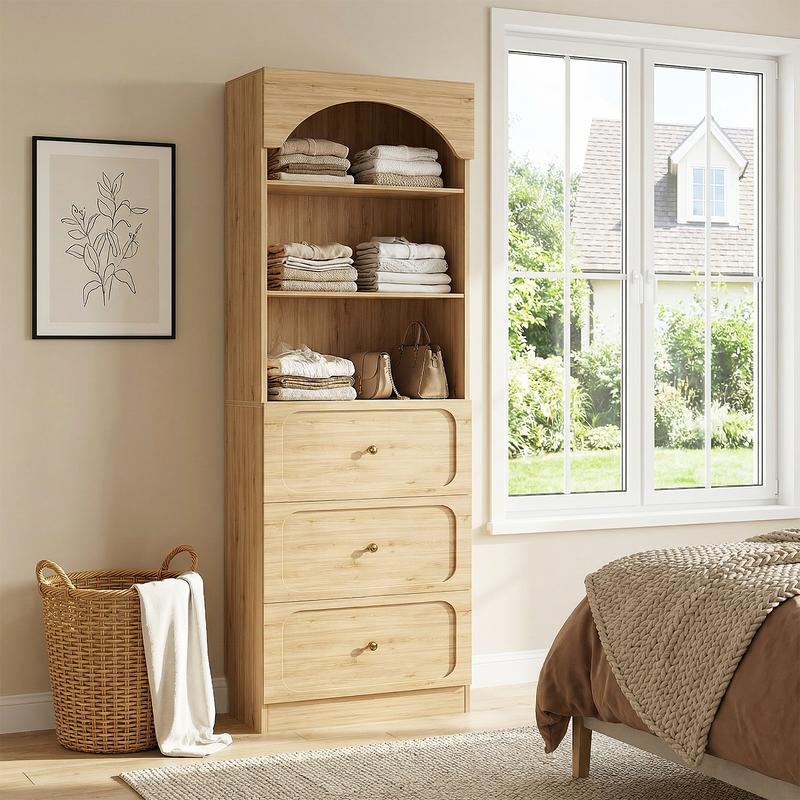 Cyclysio - Organizador de armario alto de madera independiente de 60 cm de ancho, resistente, con 3 compartimentos de almacenamiento y estantes ajustables para armarios y habitaciones pequeñas.