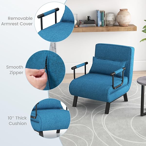 Silla convertible, 4 en 1, silla de lectura para sala de estar con almohada, brazo y respaldo ajustable de 5 posiciones, sofá cama individual, color café Marrón