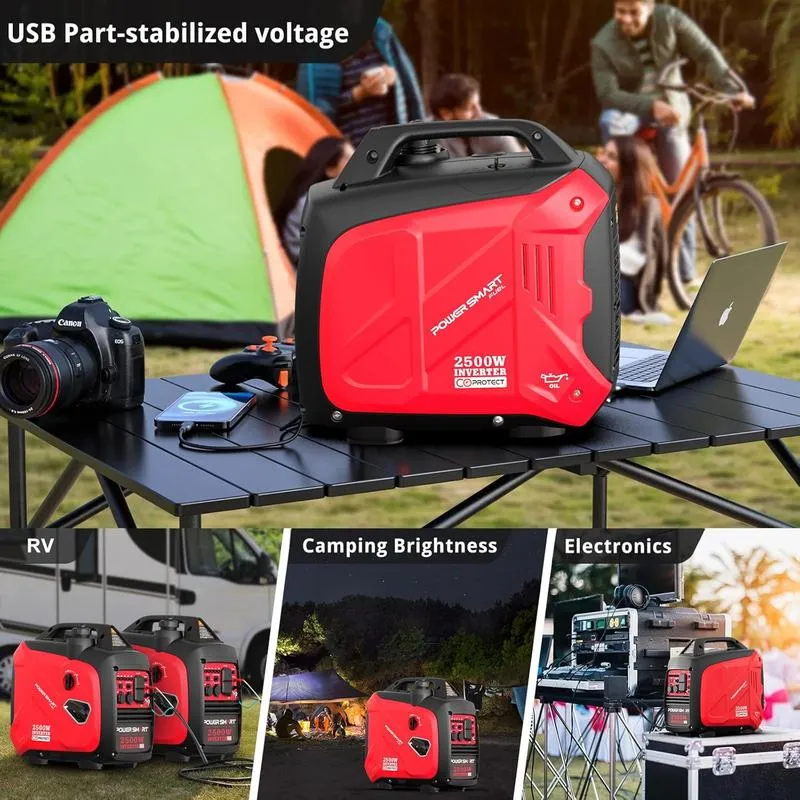 Generador de gasolina de 2500 W con inversor (a prueba de tormentas), generador portátil de 17,7 kg (39 lb), adecuado para vehículos recreativos, admite conexión en paralelo, diseño silencioso, adecuado para uso familiar y campamento, bajo consumo de comb