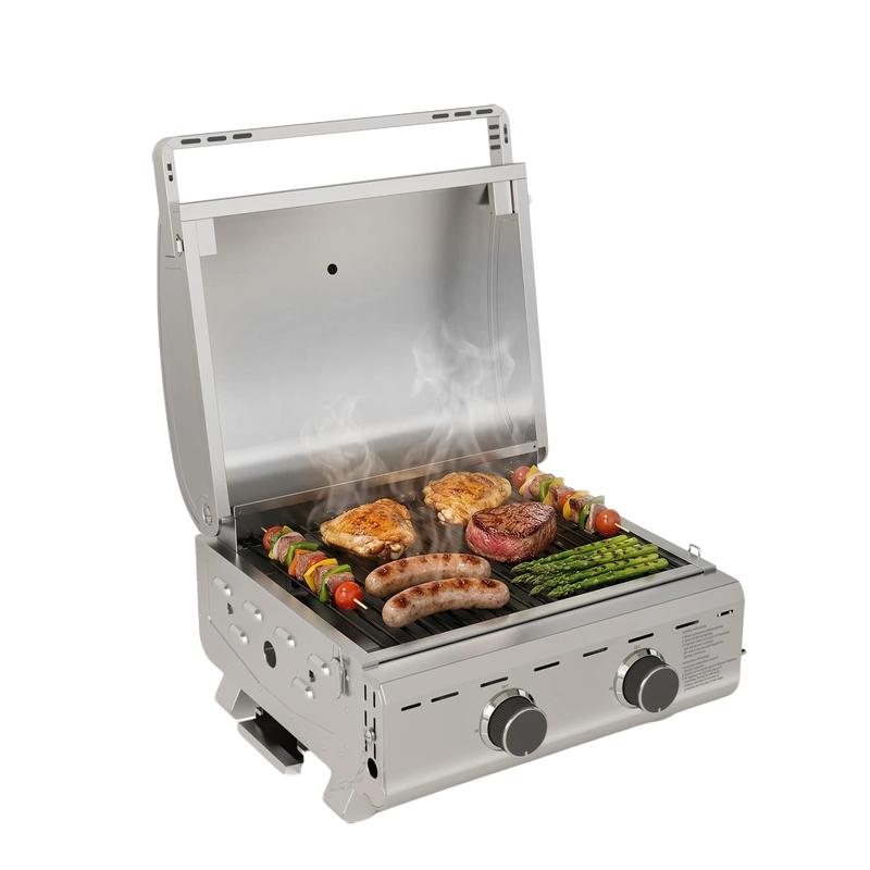 Parrilla de gas de mesa de 16,000 BTU, parrilla de propano portátil de 2 quemadores con patas plegables, área de cocción extragrande de 251 pulgadas cuadradas, parrilla de barbacoa de acero inoxidable de 20 pulgadas para patio trasero, RV, camping, fiesta