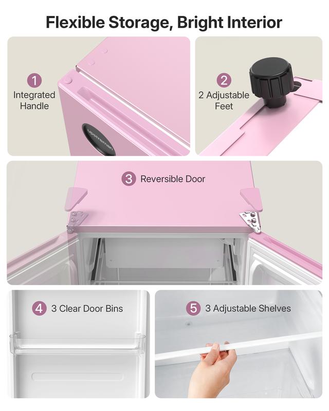 Mini refrigerador compacto Upstreman de 3.2 pies cúbicos, certificado Energy Star, color rosa rubor, de acero inoxidable. Ahorro de energía, refrigerante R-600a, 60 Hz, termostato, puerta reversible, 3 estantes de vidrio, base con almohadilla. Ideal para