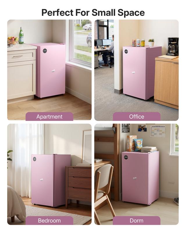 Mini refrigerador compacto Upstreman de 3.2 pies cúbicos, certificado Energy Star, color rosa rubor, de acero inoxidable. Ahorro de energía, refrigerante R-600a, 60 Hz, termostato, puerta reversible, 3 estantes de vidrio, base con almohadilla. Ideal para