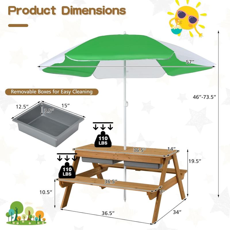 Mesa de picnic infantil Costzon con sombrilla de altura ajustable, para interior y exterior, mesa de arena y agua para jardín, patio trasero, terraza, dealsforyou