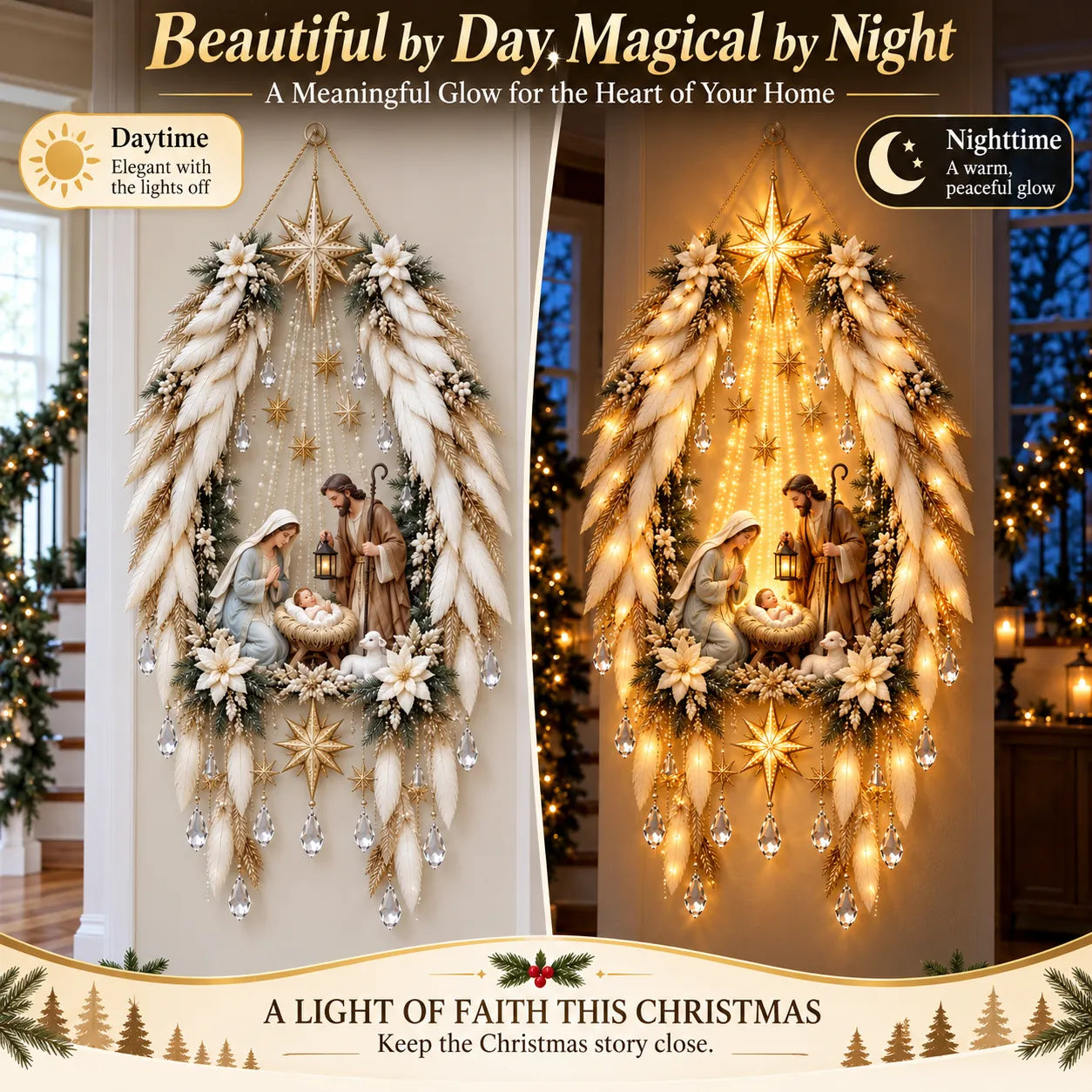 👼 3D Heavenly Angel Wings Nativity Light✨ – Lighted Christmas Wall Decor  ✨