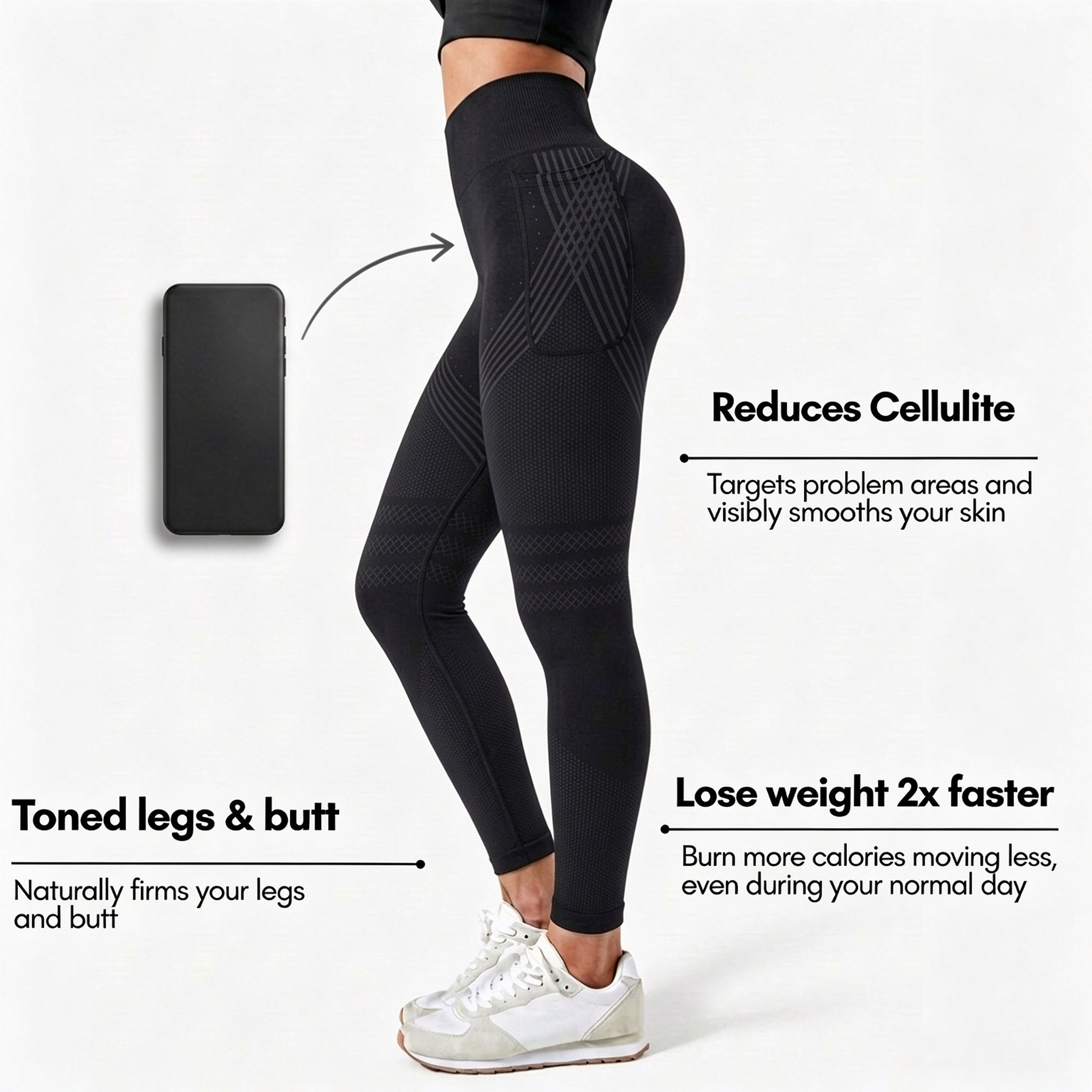 Three key benefits: reduces cellulite, lose weight 2x faster, toned legs and butt