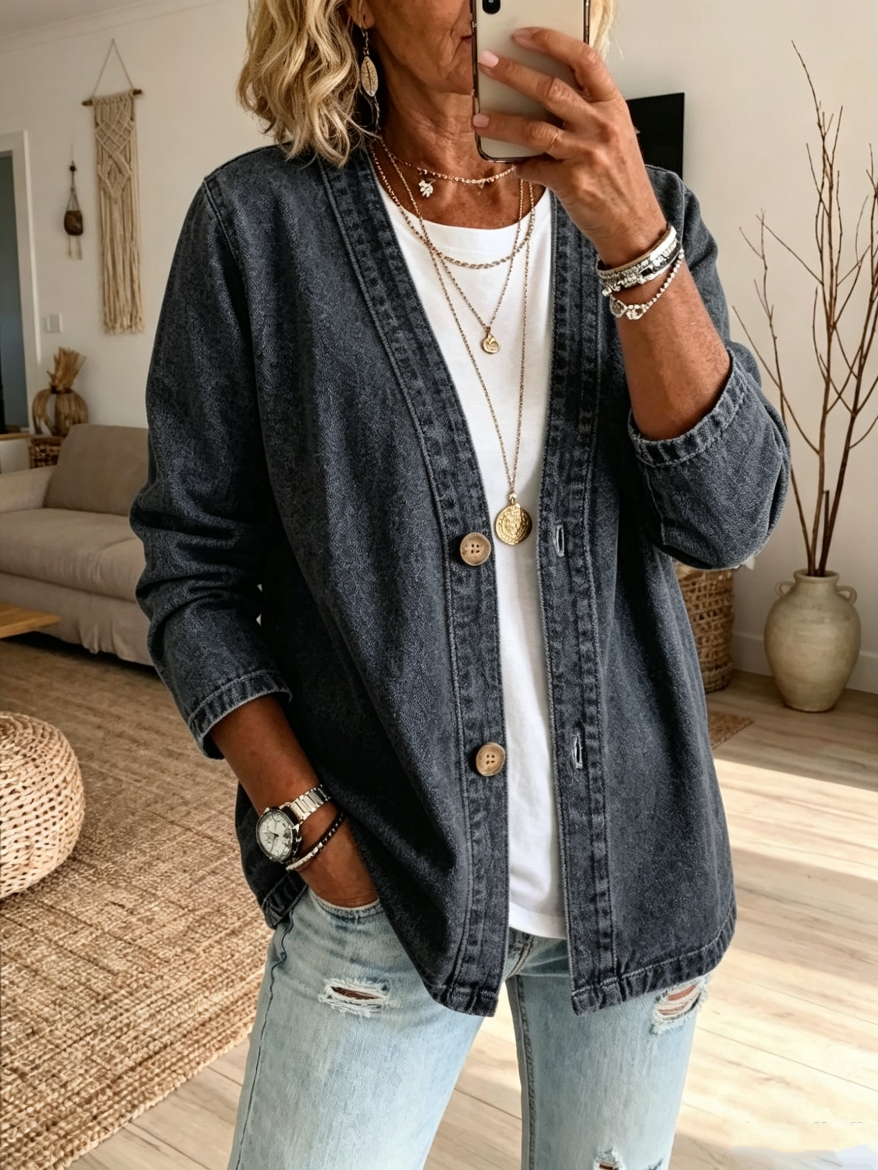 🥳HOT SALE🥳💥50% OFF! 🔥Women's Classic Button Front Denim Jacket